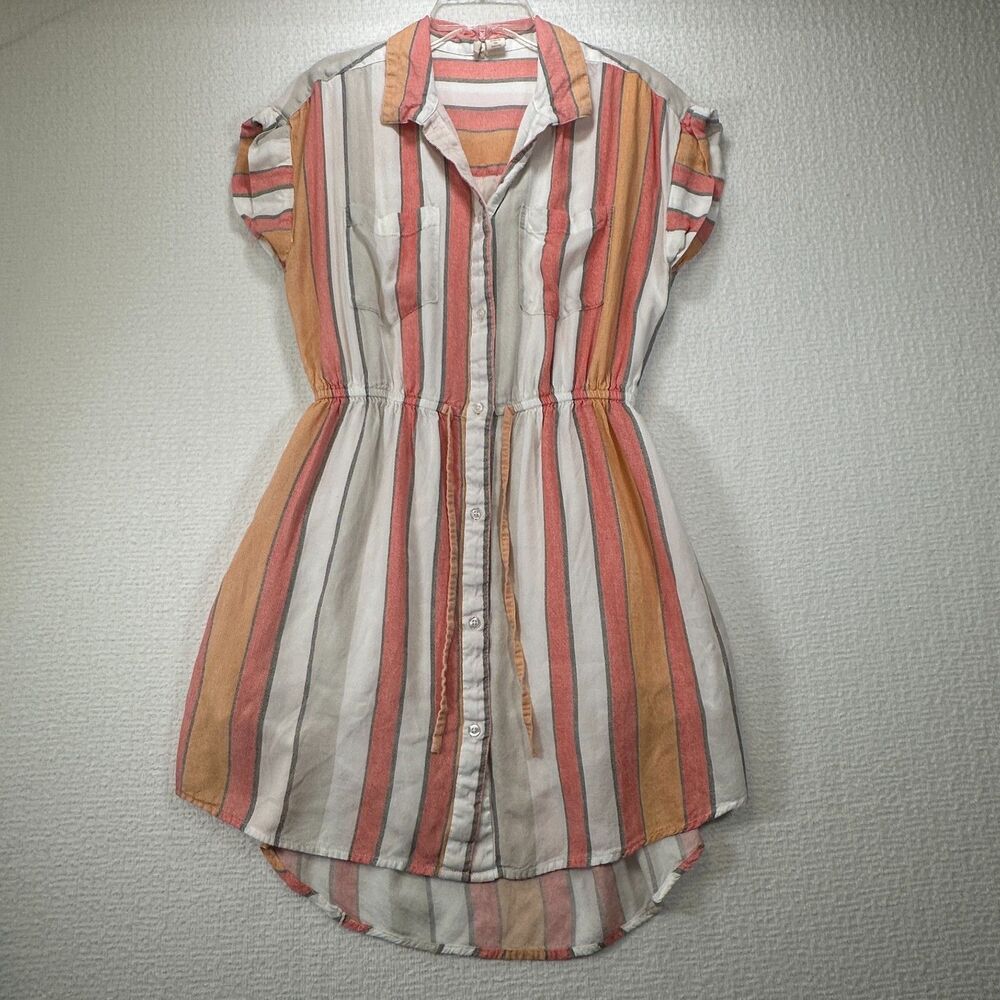 Japna Coral White Striped Button Down Shirt Dress Drawstring Waist Medium